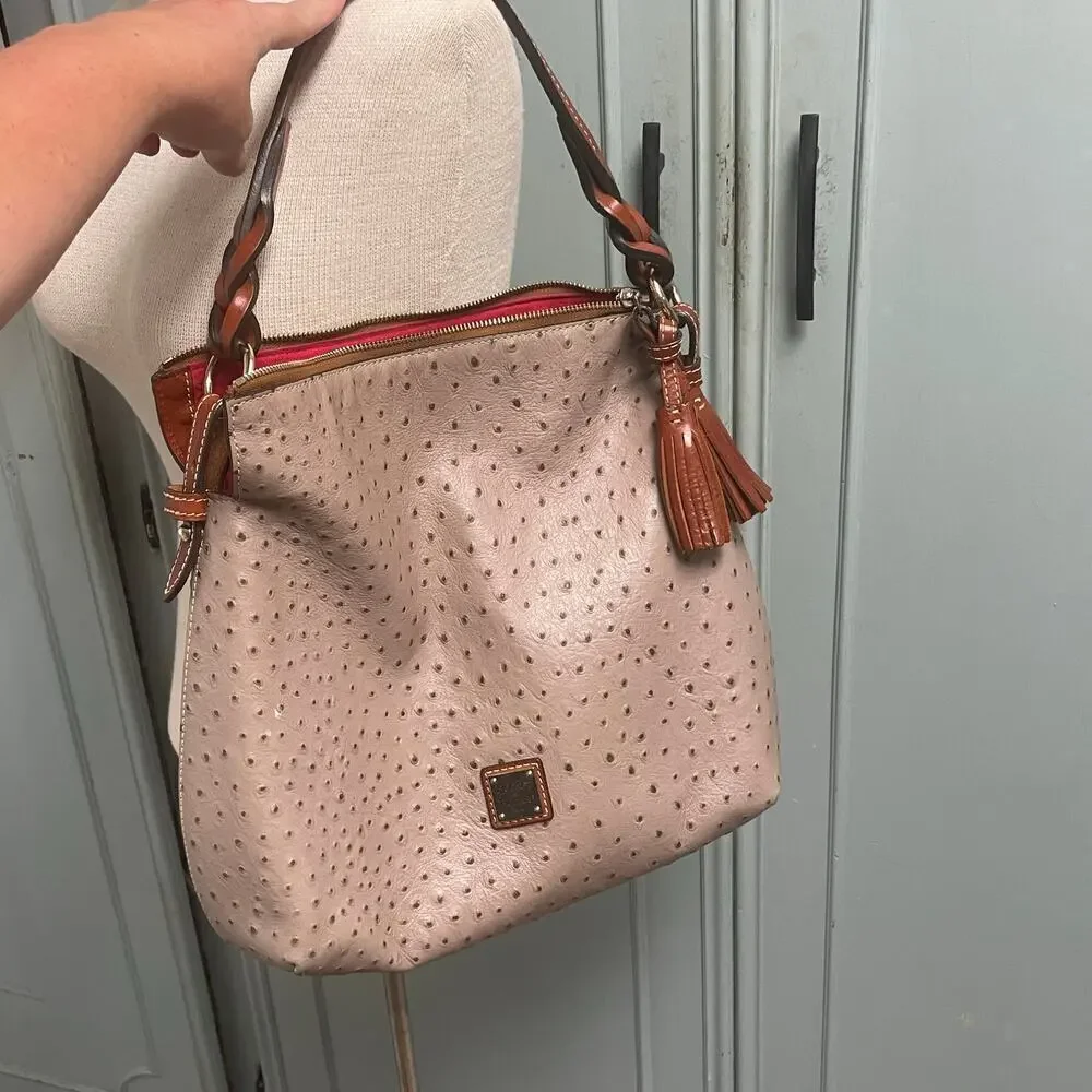 Dooney & Bourke Twist Strap Ostrich Hobo Shoulder Bag Red Interior Tassel Taupe
